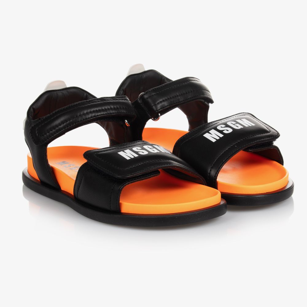 MSGM Teen Black Leather Sandals Childrensalon Outlet