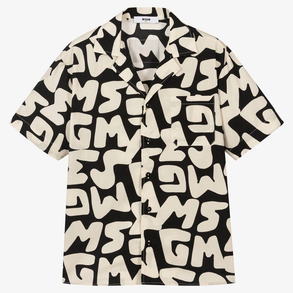 MSGM - Черно-бежевая рубашка с абстрактным принтом | Childrensalon