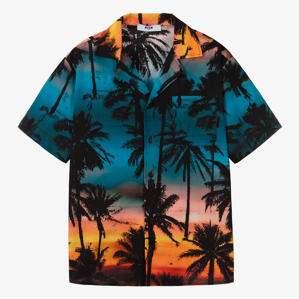MSGM-Teen Boys Blue Cotton Palm Tree Shirt | Childrensalon Outlet