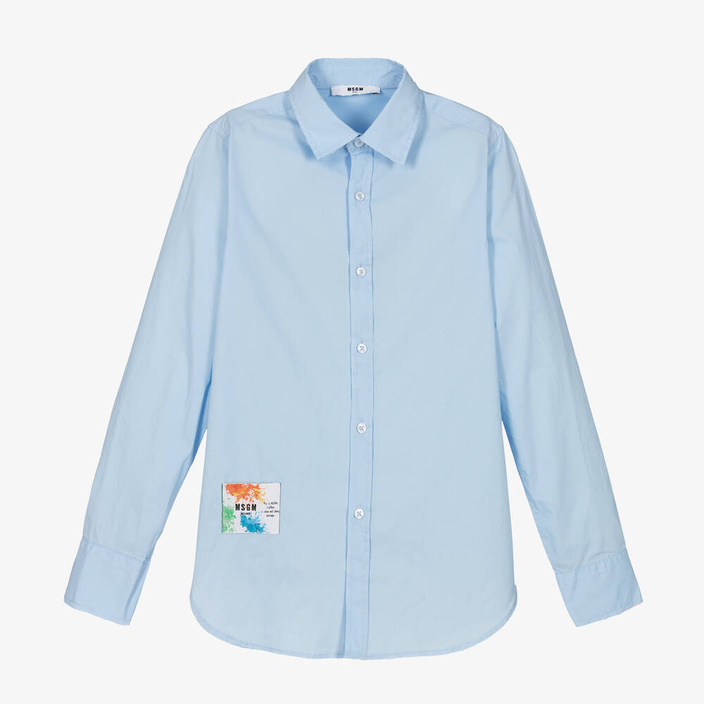 MSGM - Teen Boys Blue Cotton Poplin Logo Shirt | Childrensalon