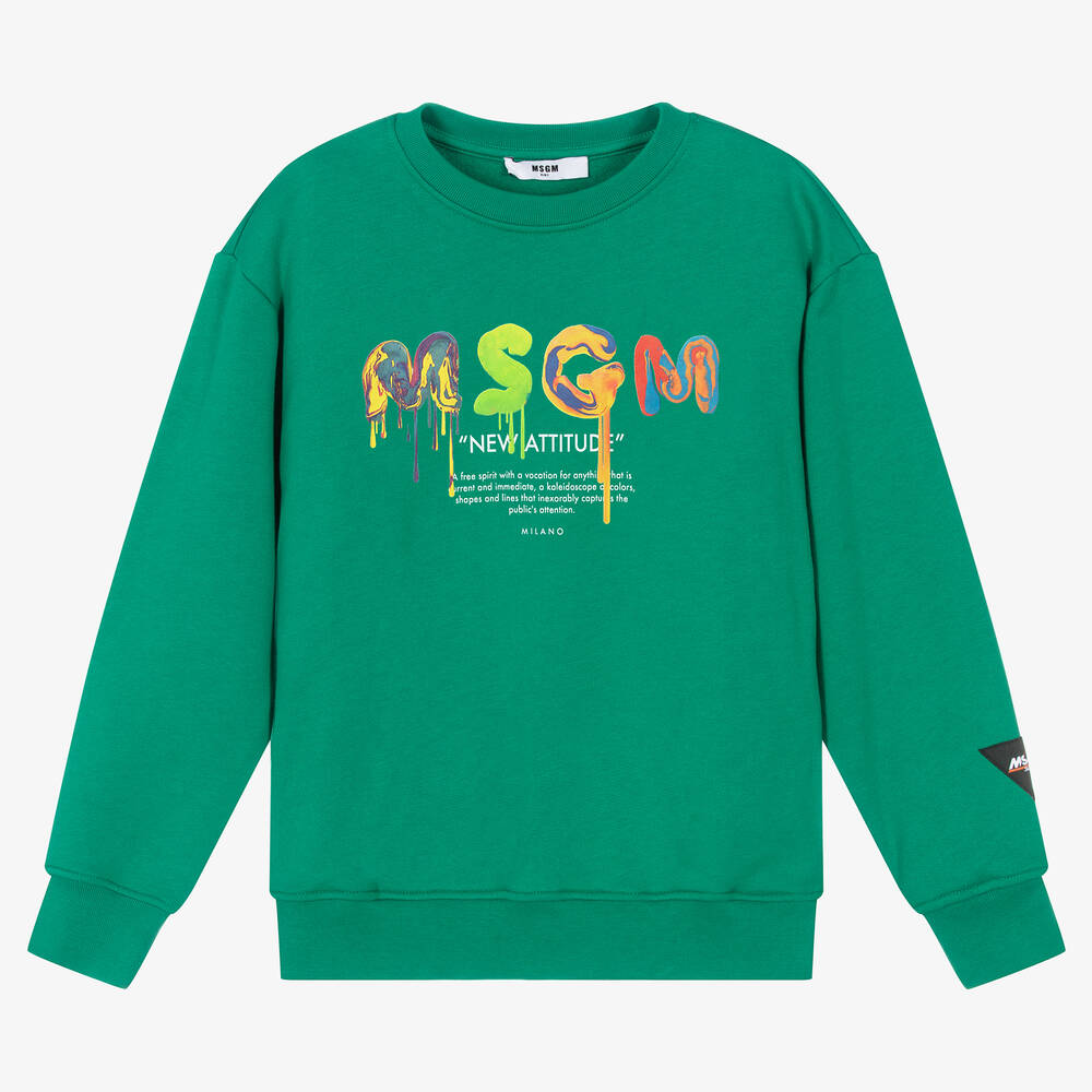 MSGM - سويتشيرت تينز ولادي قطن جيرسي لون أخضر | Childrensalon