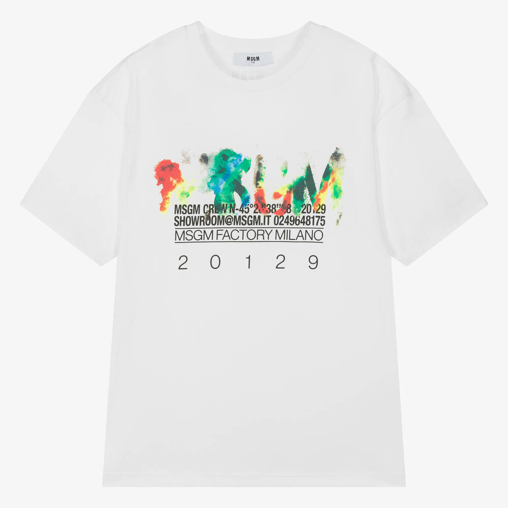 MSGM-Teen Boys White Cotton Paint T-Shirt | Childrensalon Outlet