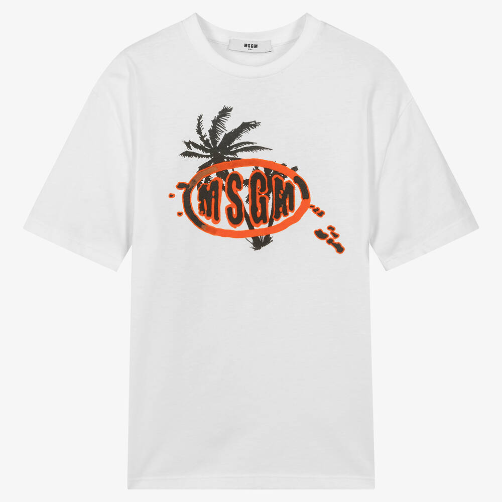 MSGM - Teen Boys White Palm Tree Logo T-Shirt | Childrensalon