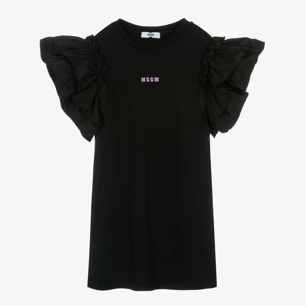 MSGM - فستان تينز بناتي قطن لون أسود مزين بكشكش  | Childrensalon