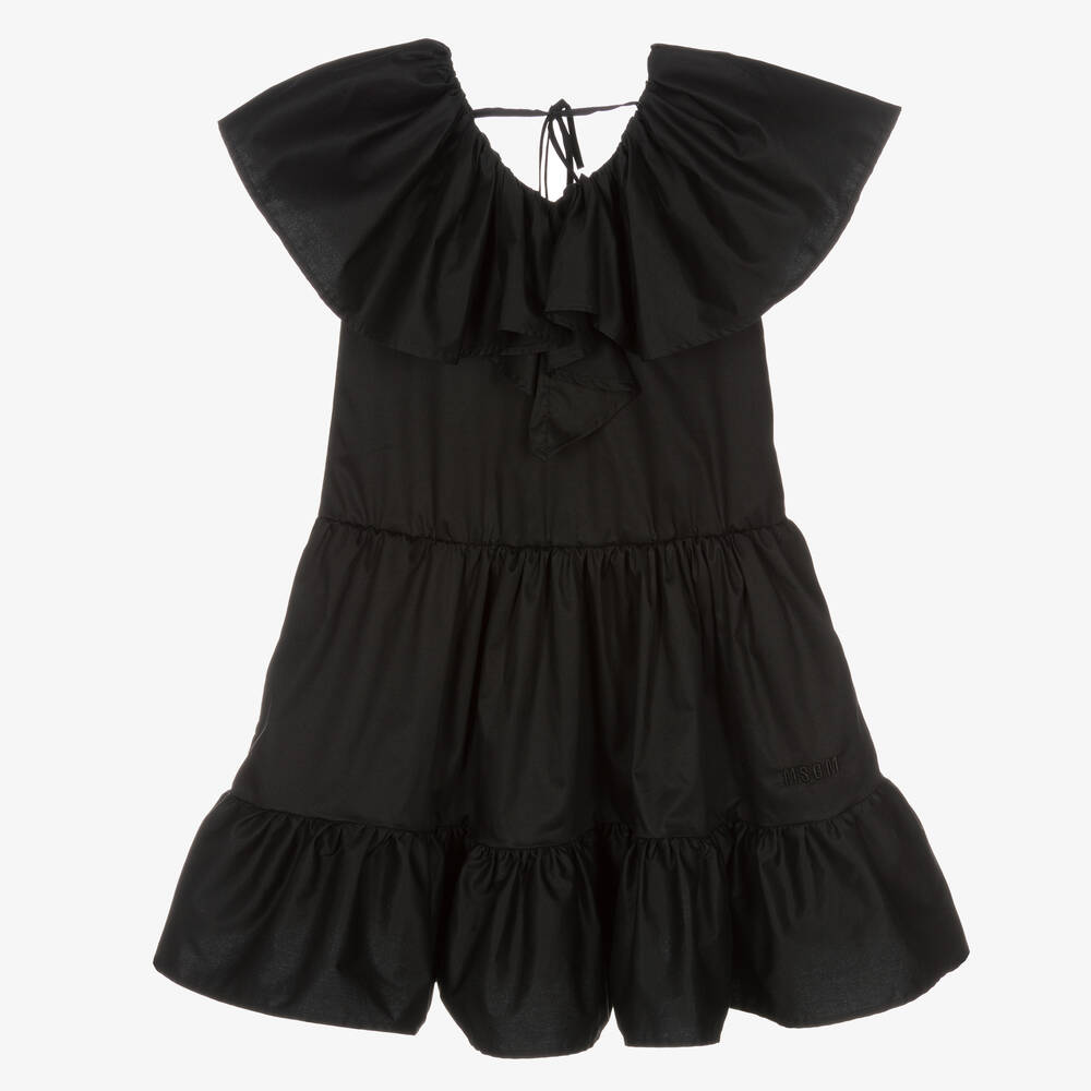 MSGM - Teen Girls Black Cotton Ruffle Logo Dress