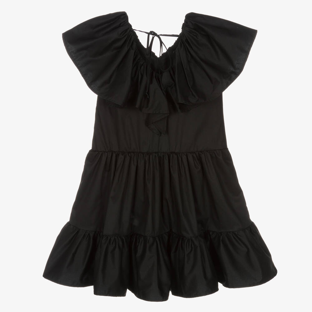 MSGM - فستان تينز بناتي مزين بكشكش قطن لون أسود | Childrensalon