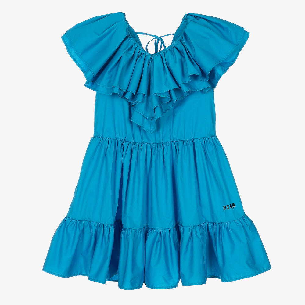 MSGM - فستان تينز بناتي قطن بوبلين مزين بكشكش لون أزرق | Childrensalon