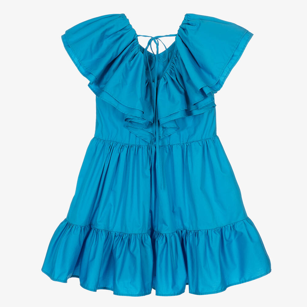【関税&送料込】Msgm Dress With Ruffles MSGM - Teen Girls Blue Cotton Ruffle Logo Dress