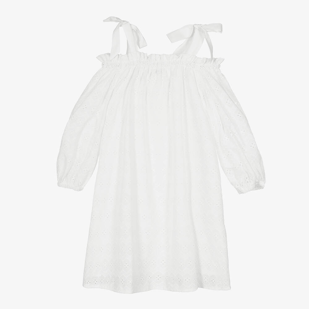 MSGM-فستان تينز بناتي قطن برودوري لون أبيض | Childrensalon Outlet