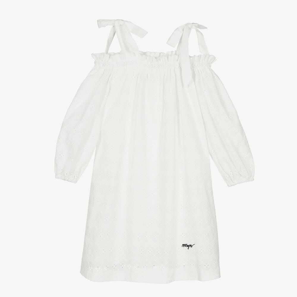 MSGM - فستان تينز بناتي قطن برودوري لون أبيض | Childrensalon