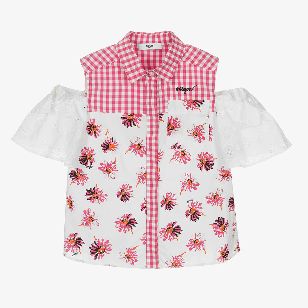 MSGM - Rosa karierte Teen Bluse mit Blumen | Childrensalon