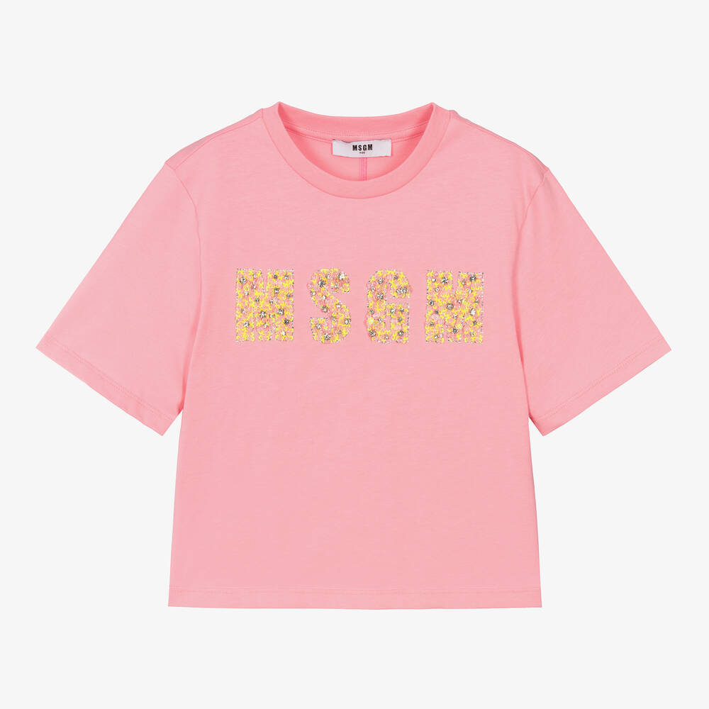 MSGM-Teen Girls Pink Cropped Cotton T-Shirt  | Childrensalon Outlet