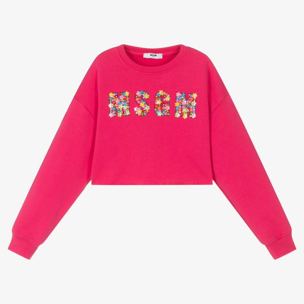 MSGM - سويتشيرت قصير تينز بناتي قطن لون زهري فيوشيا | Childrensalon