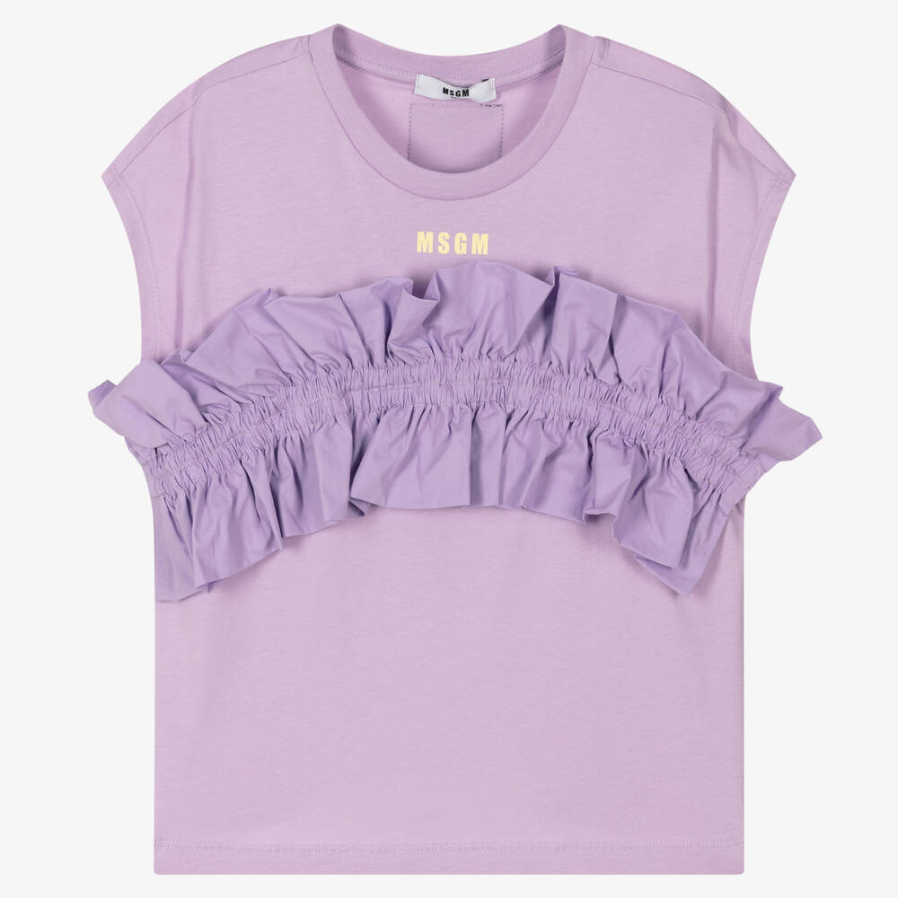 MSGM - Teen Girls Purple Cotton Ruffle T-Shirt | Childrensalon