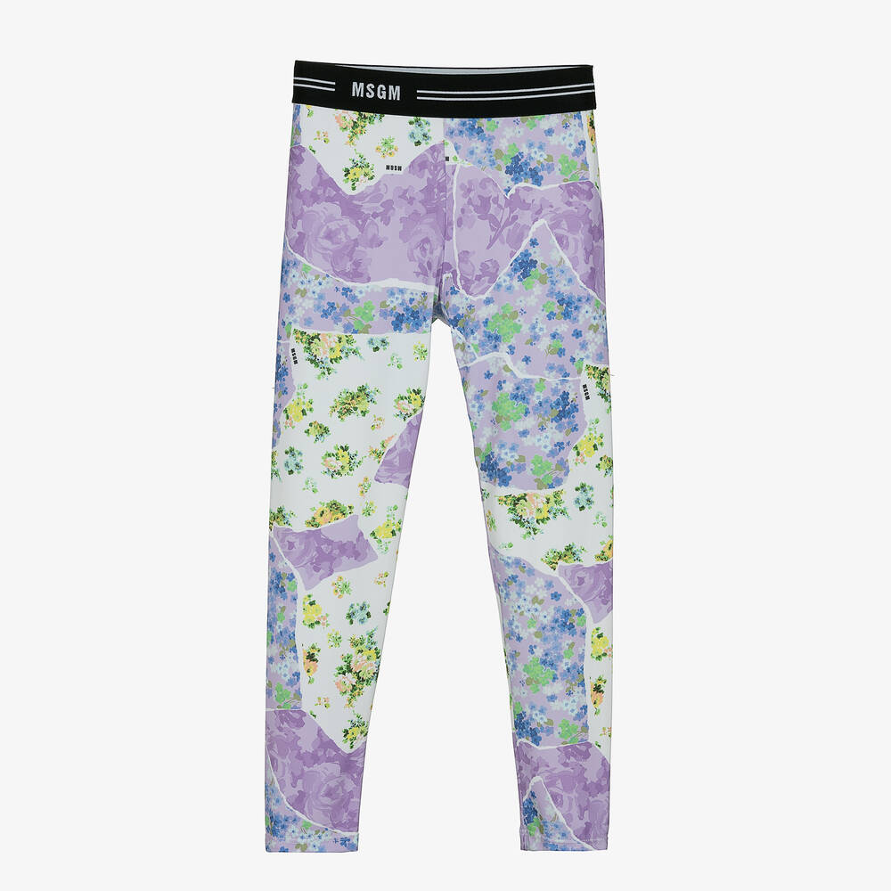 MSGM - Teen Girls Purple Floral Logo Leggings | Childrensalon