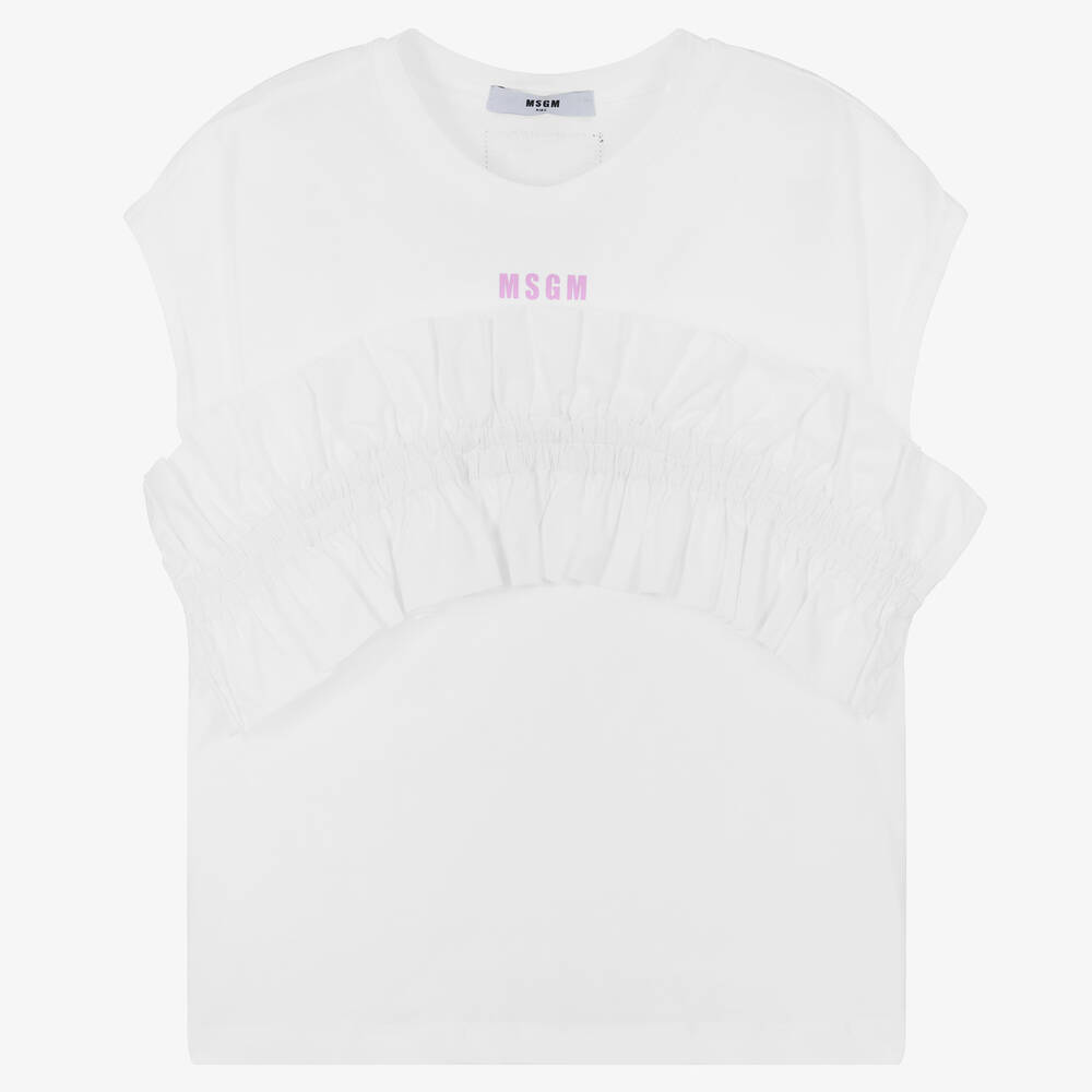 MSGM - Teen Girls White Cotton Ruffle T-Shirt | Childrensalon