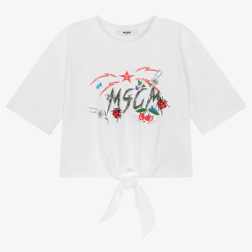 MSGM - Teen Girls White Cropped Logo T-Shirt | Childrensalon