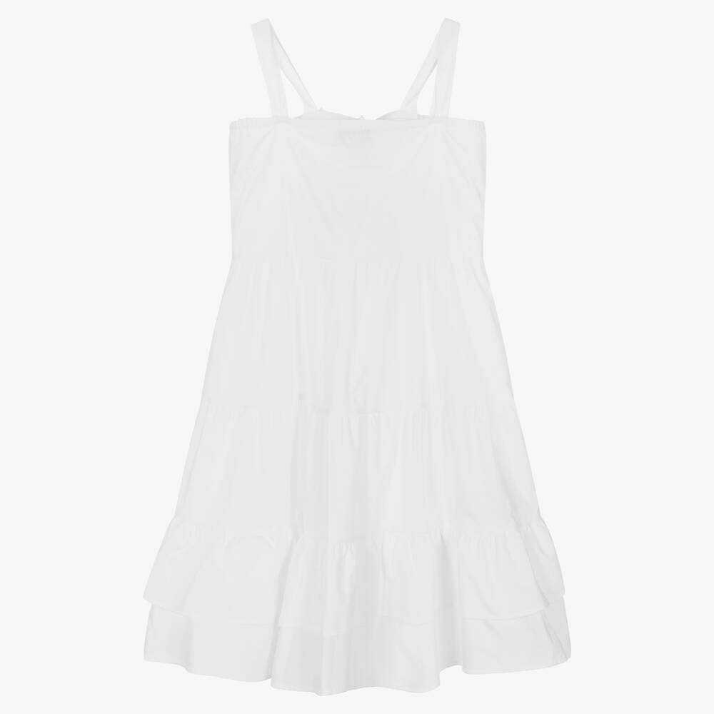 MSGM-فستان قطن بوبلين مزين بكشكش لون أبيض | Childrensalon Outlet