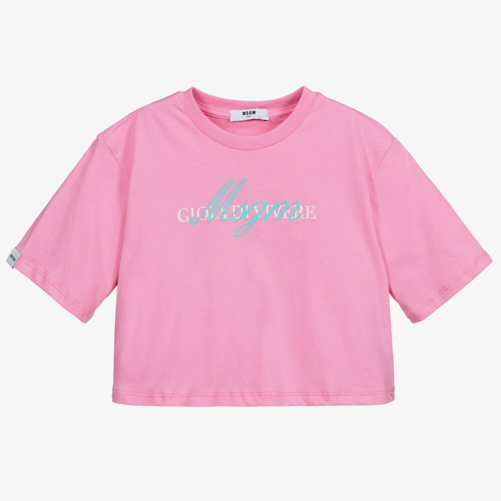 MSGM-تيشيرت قصير قطن لون زهري، أزرق وأبيض | Childrensalon Outlet
