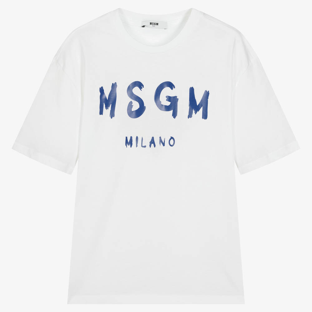 MSGM - Teen White & Blue Brushed Logo T-Shirt | Childrensalon