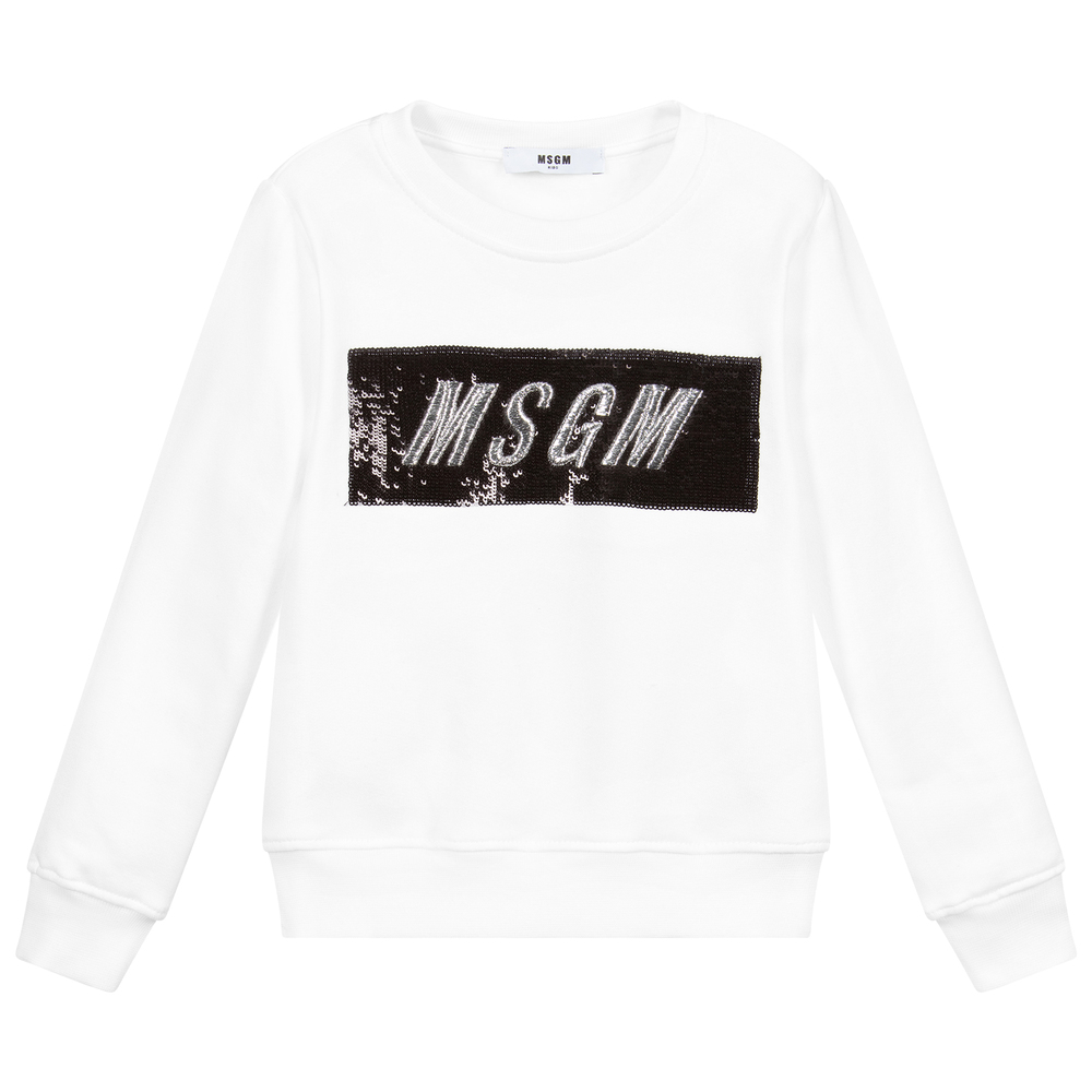 MSGM - سويتشيرت قطن وترتر لون أبيض، أسود وفضّي للبنات | Childrensalon