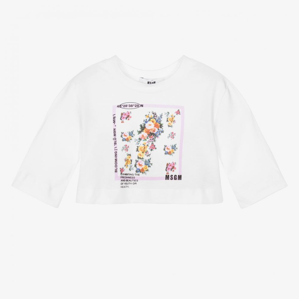 MSGM - White Floral Cropped T-Shirt | Childrensalon
