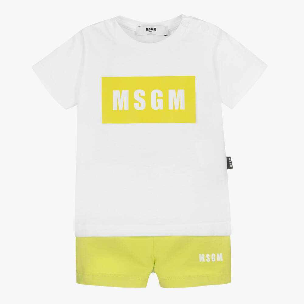 MSGM - White & Green Cotton Shorts Set | Childrensalon
