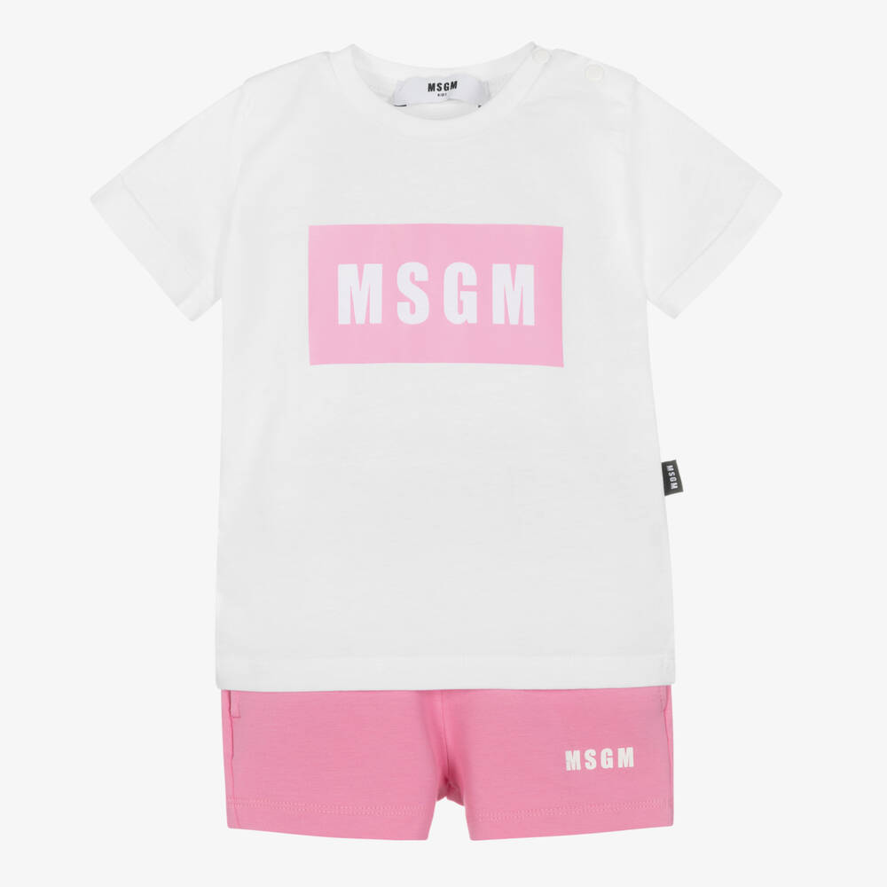 MSGM - طقم شورت أطفال بناتي قطن لون أبيض وزهري | Childrensalon