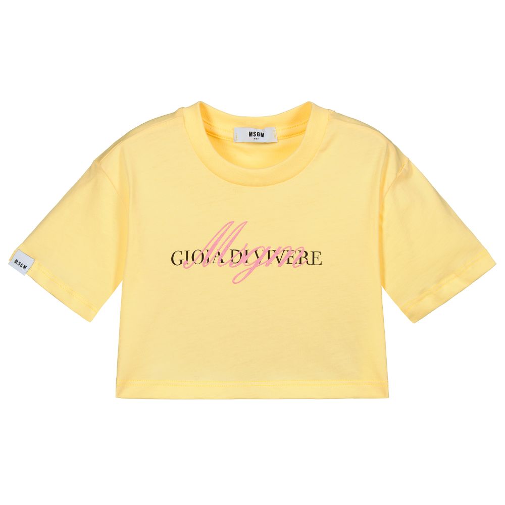MSGM - Yellow Cotton Cropped T-Shirt | Childrensalon