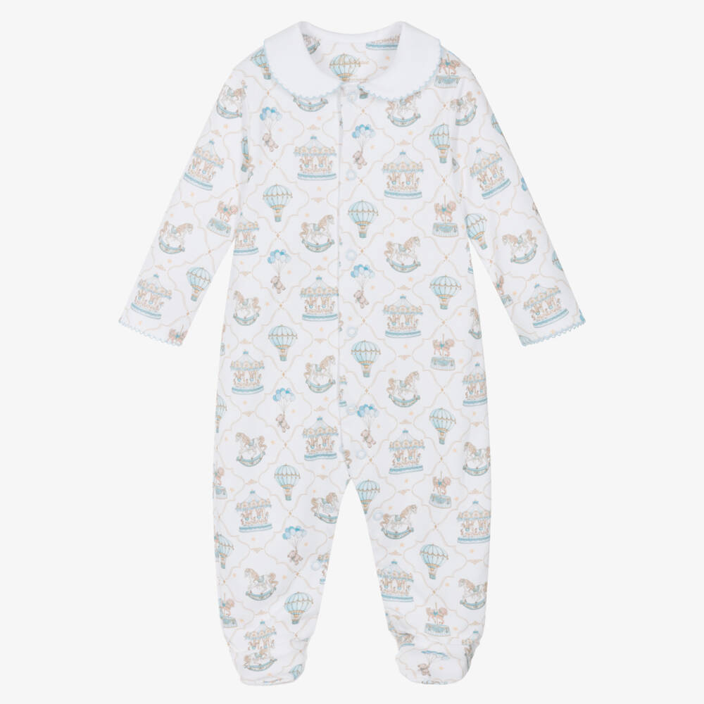 My Little Pie-White & Blue Supima Cotton Coquette Babygrow with Carousels | Childrensalon Outlet
