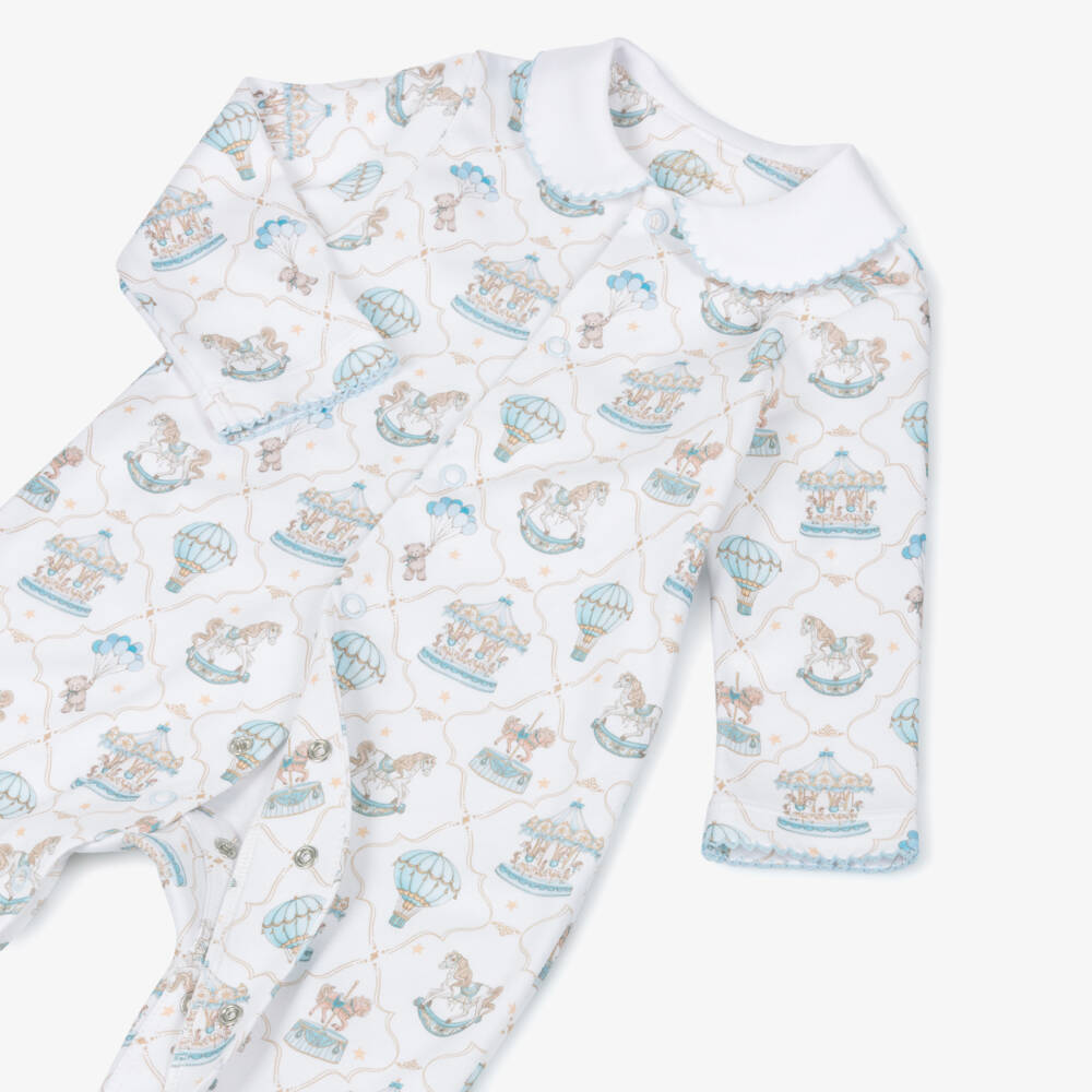 My Little Pie-White & Blue Supima Cotton Coquette Babygrow with Carousels | Childrensalon Outlet