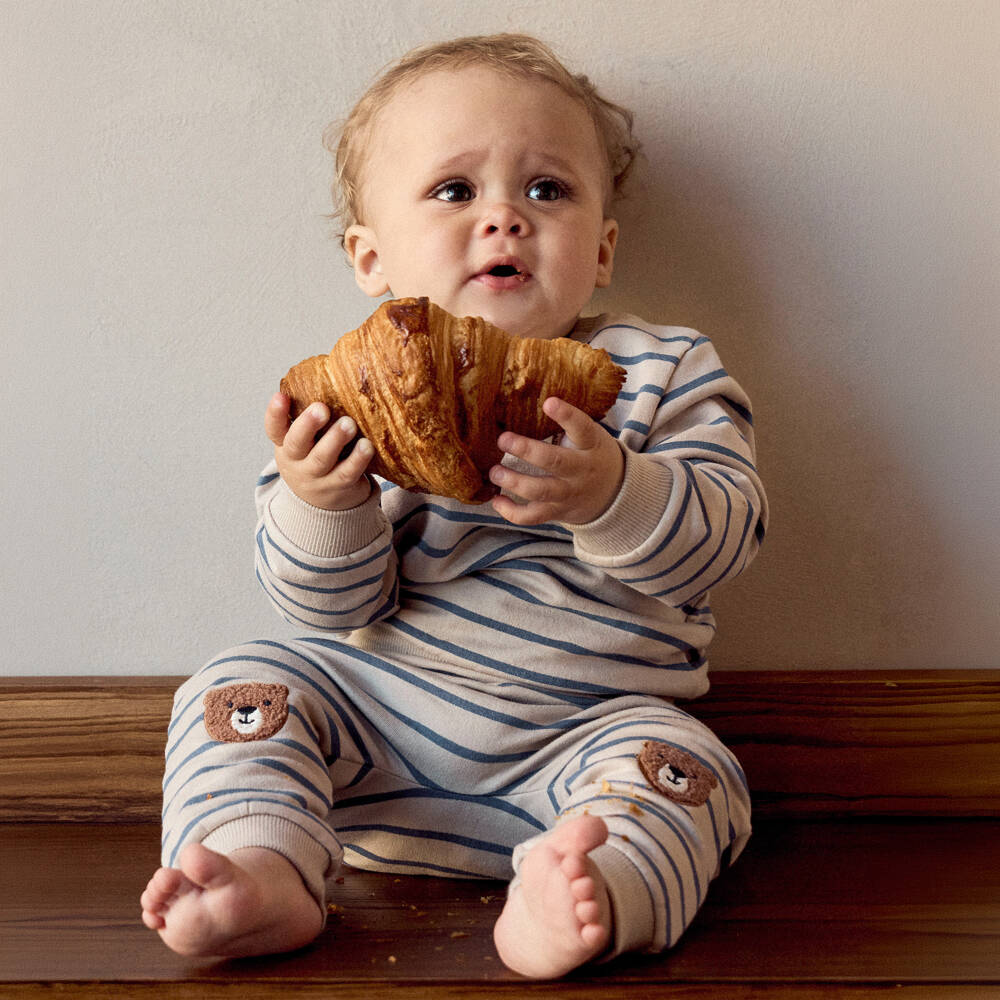 NAME IT-Baby Boys Beige & Blue Stripe Trousers with Bear Appliqués | Childrensalon Outlet