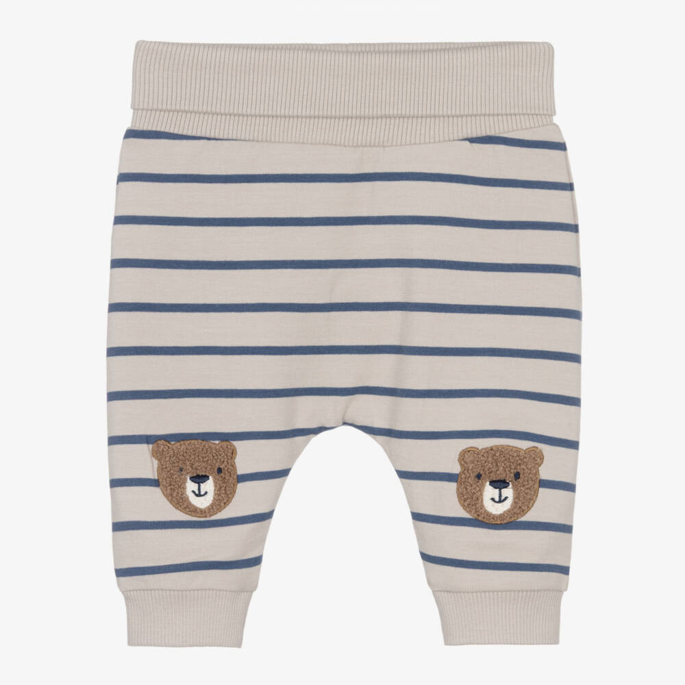 NAME IT-Baby Boys Beige & Blue Stripe Trousers with Bear Appliqués | Childrensalon Outlet