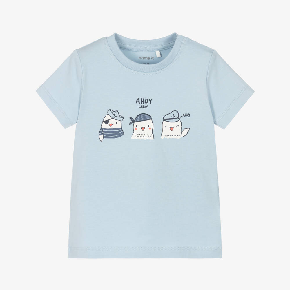 NAME IT-Baby Boys Blue Cotton T-Shirt with Playful Seagull Motif | Childrensalon Outlet