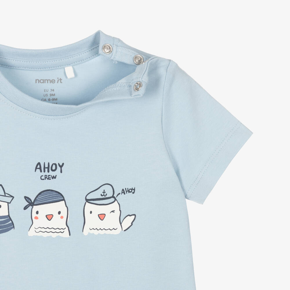 NAME IT-Baby Boys Blue Cotton T-Shirt with Playful Seagull Motif | Childrensalon Outlet