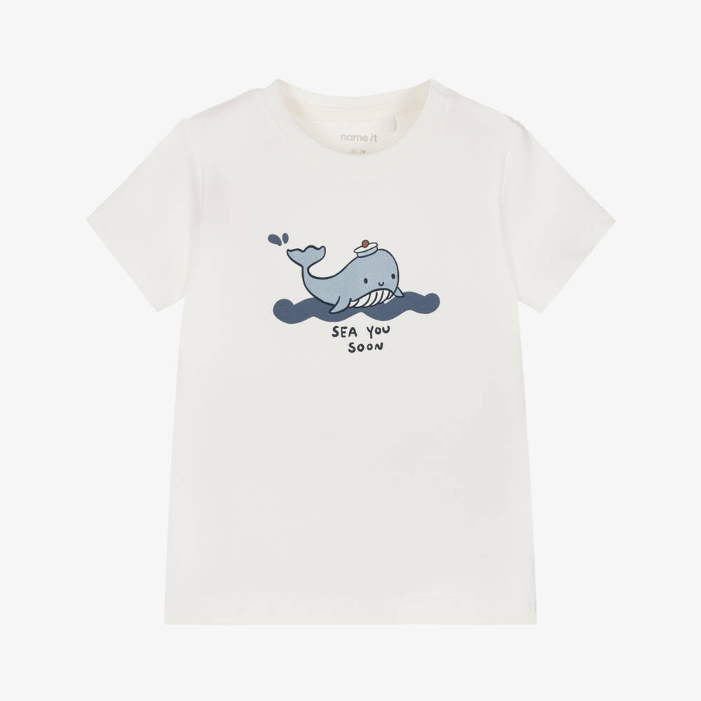 NAME IT-Baby Boys Ivory Cotton T-Shirt with Whale Motif | Childrensalon Outlet