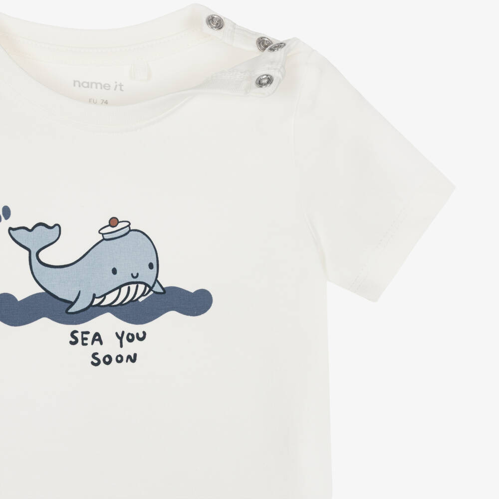 NAME IT-Baby Boys Ivory Cotton T-Shirt with Whale Motif | Childrensalon Outlet