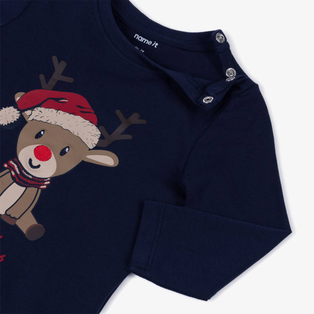 NAME IT-Baby Boys Navy Blue Cotton Festive Reindeer Top | Childrensalon Outlet