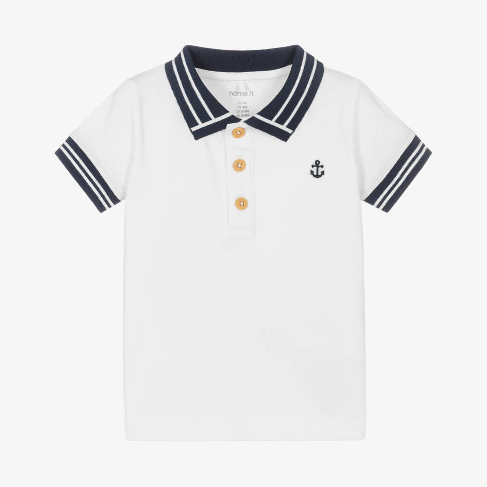 NAME IT-Baby Boys White & Navy Blue Cotton Jersey Polo Shirt | Childrensalon Outlet