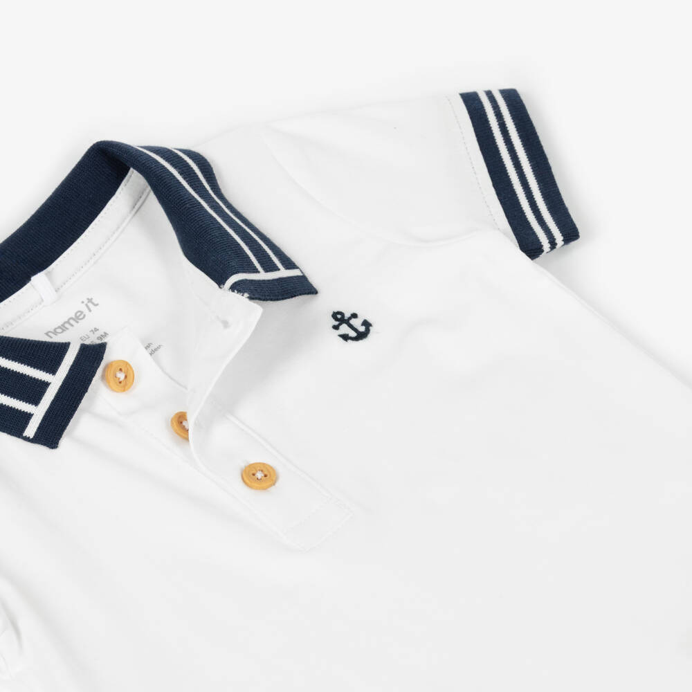 NAME IT-Baby Boys White & Navy Blue Cotton Jersey Polo Shirt | Childrensalon Outlet