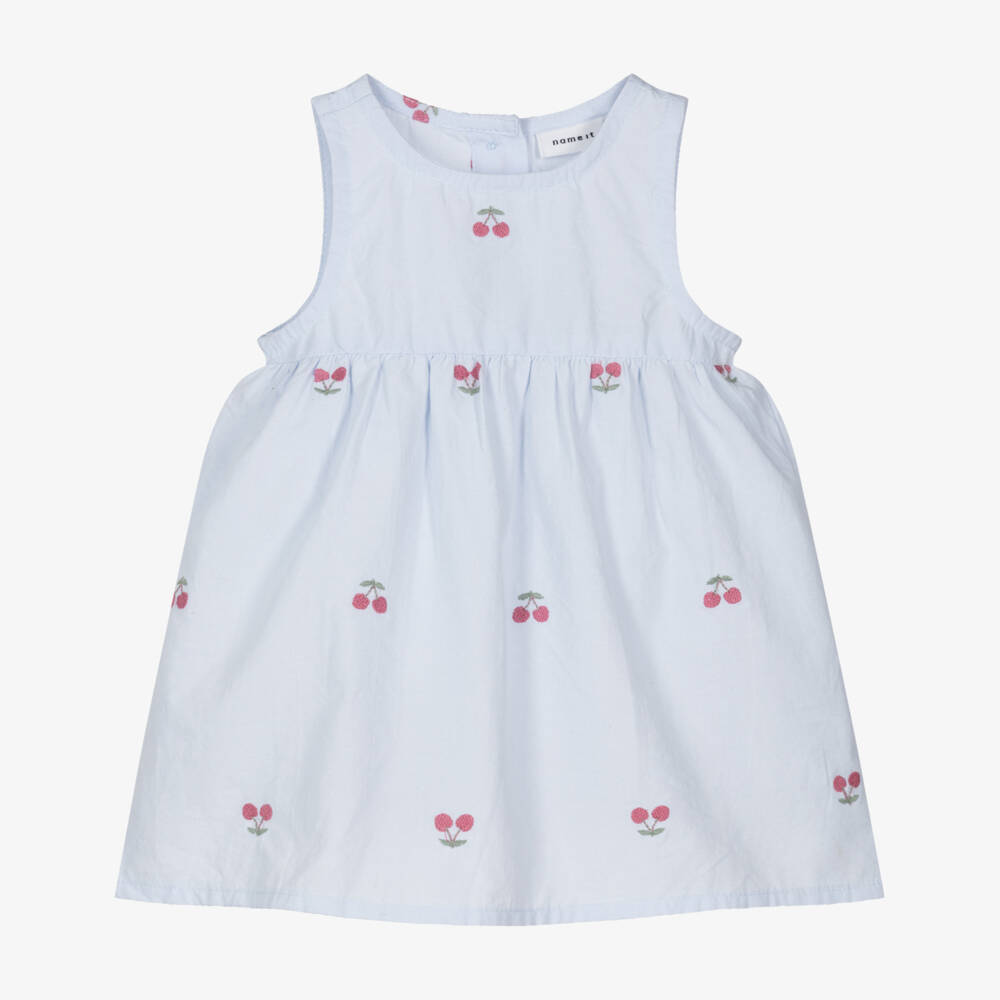 NAME IT-Baby Girls Blue Embroidered Cherry Organic Cotton Dress | Childrensalon Outlet