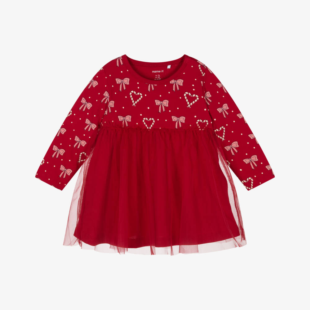 NAME IT-Baby Girls Festive Red Cotton Candy Cane Heart & Bow Dress | Childrensalon Outlet