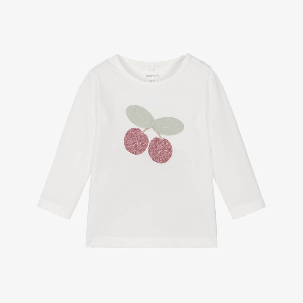 NAME IT-Baby Girls Ivory Cotton Top with Sparkly Cherry Motif | Childrensalon Outlet