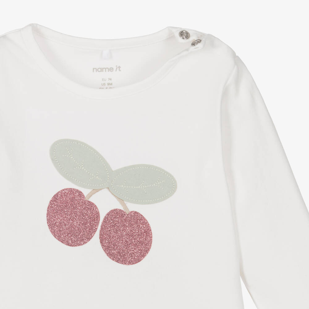 NAME IT-Baby Girls Ivory Cotton Top with Sparkly Cherry Motif | Childrensalon Outlet