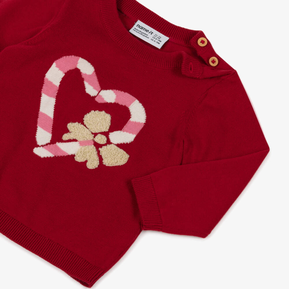 NAME IT-Baby Girls Red Festive Candy Cane Heart Sweater | Childrensalon Outlet