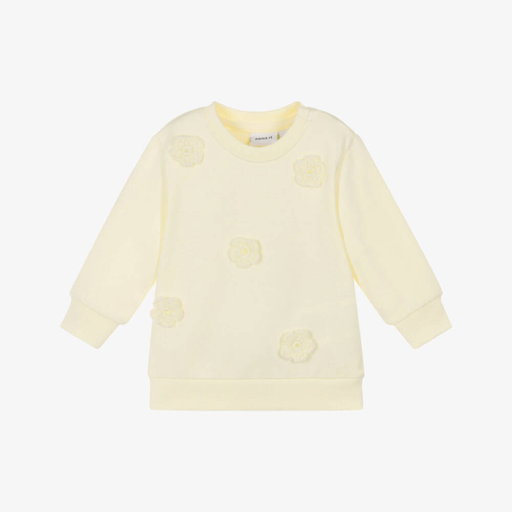 NAME IT-Baby Girls Yellow Crochet Flower Organic Cotton Sweatshirt | Childrensalon Outlet