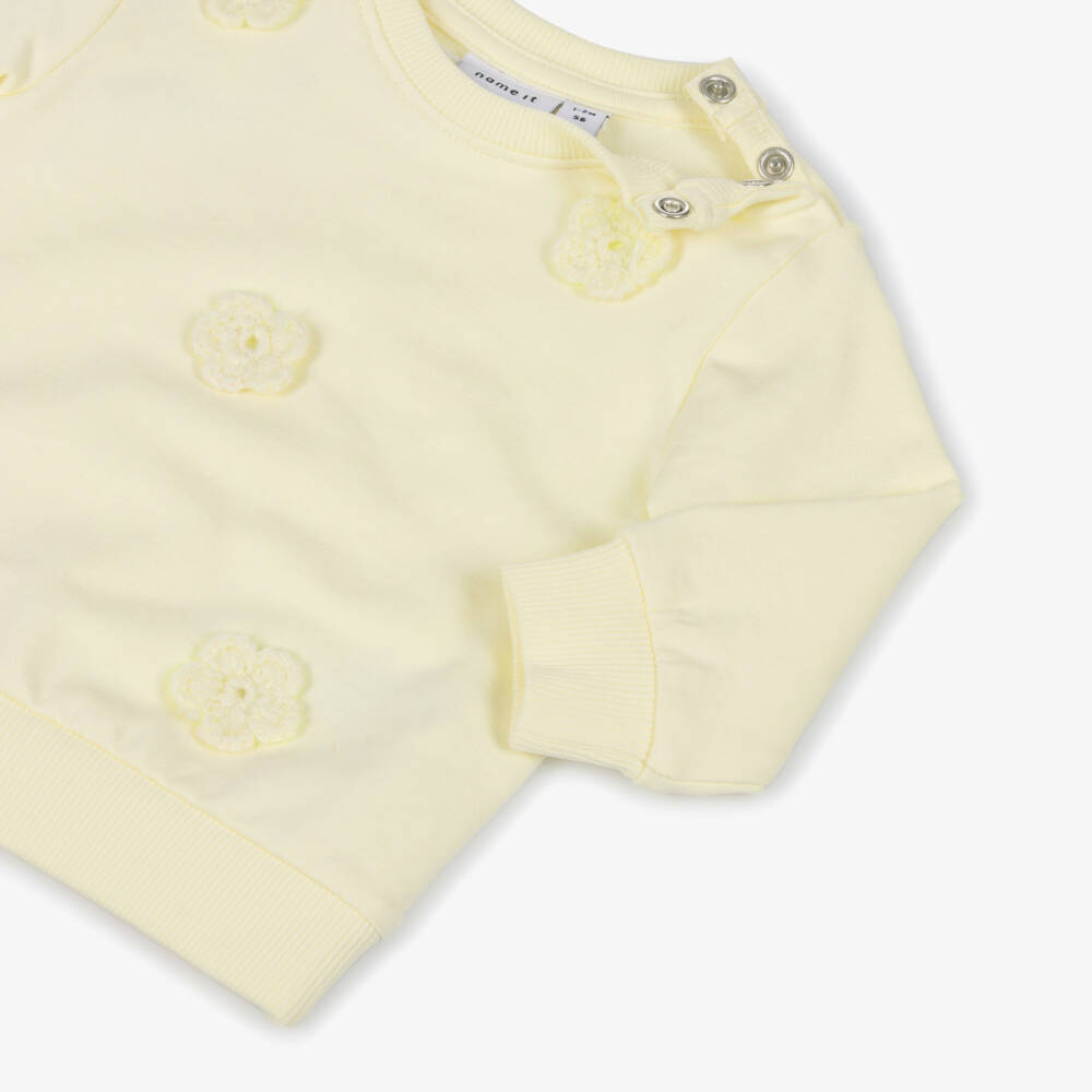 NAME IT-Baby Girls Yellow Crochet Flower Organic Cotton Sweatshirt | Childrensalon Outlet