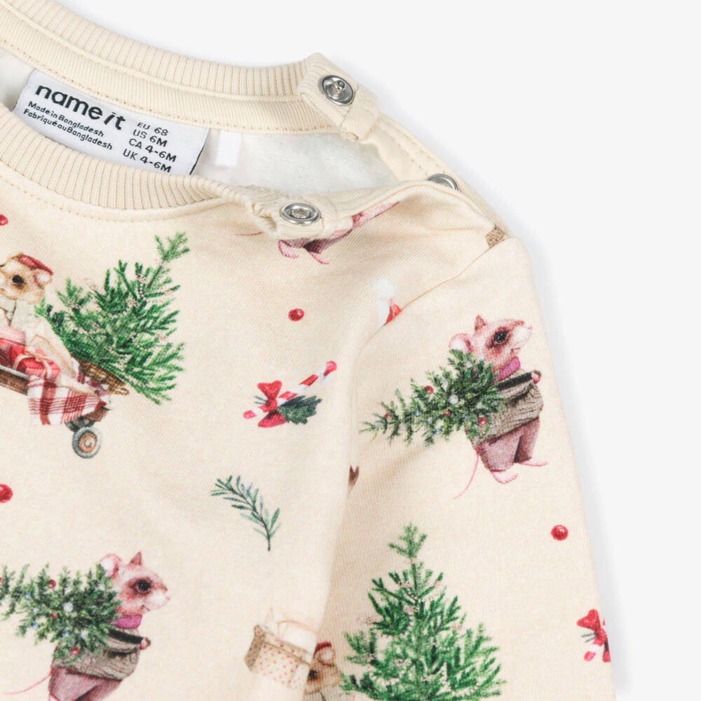 NAME IT-Beige Festive Organic Cotton Jersey Baby Sweatshirt | Childrensalon Outlet