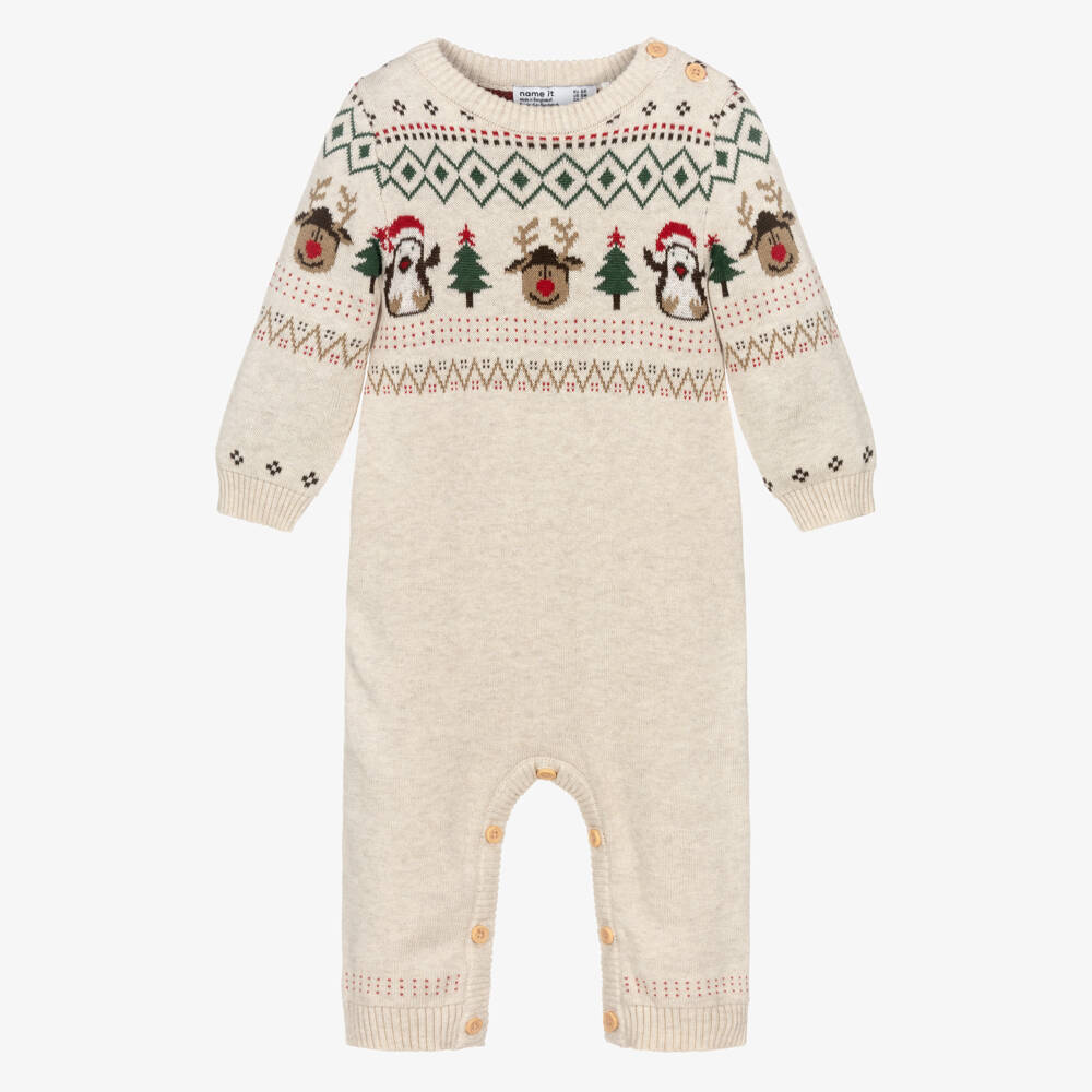 NAME IT-Beige Festive Pattern Knitted Cotton Romper | Childrensalon Outlet