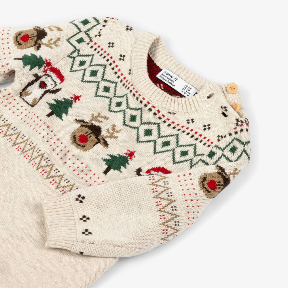 NAME IT-Beige Festive Pattern Knitted Cotton Romper | Childrensalon Outlet